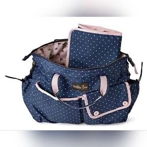Matilda Jane Navy Blue Polka Dot Diaper Bag with Pink Trim and Changing Pad‎